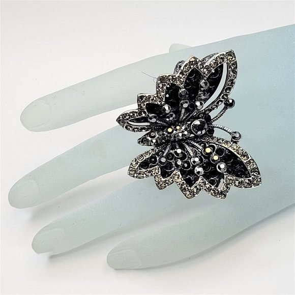 Vintage Black Rhinestone Butterfly Dimensional Stretch Fashion Ring - Picture 1 of 12